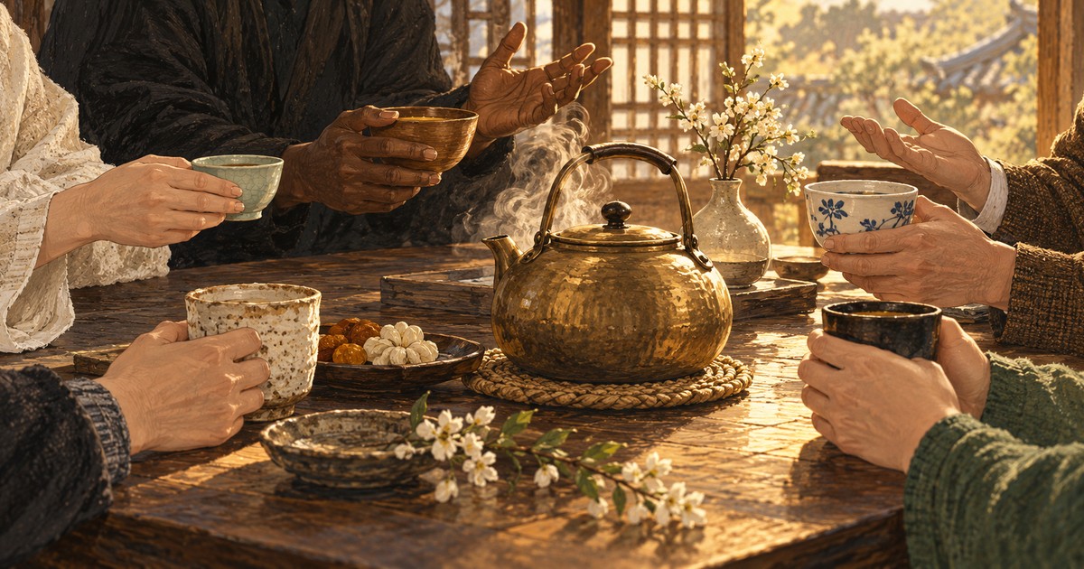 주전자 앞에서 서로의 이야기를 듣는다는 것 주제 일러스트